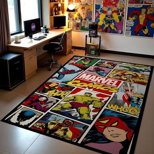 Discover Marvel Comics Rug - Retro Superhero Art Carpet - Washable Non-Slip Mat- Hulk Iron Man Spider-Man Thor Design- For Living Room Bedroom Studio