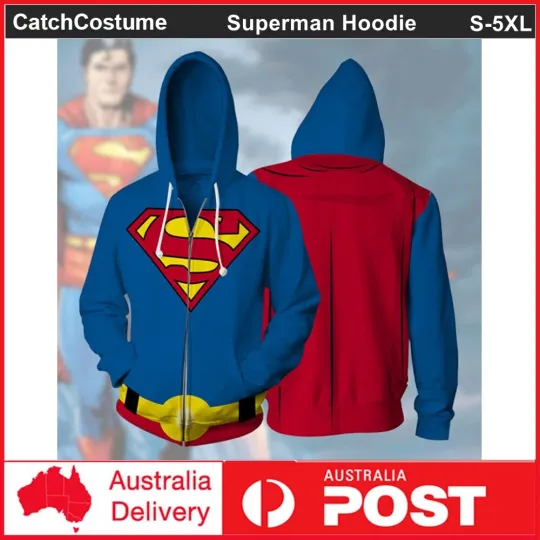 Discover Superhero Superman Cosplay Hoodie Zipper Hooded Sweatshirt Sweater Pullover Coat