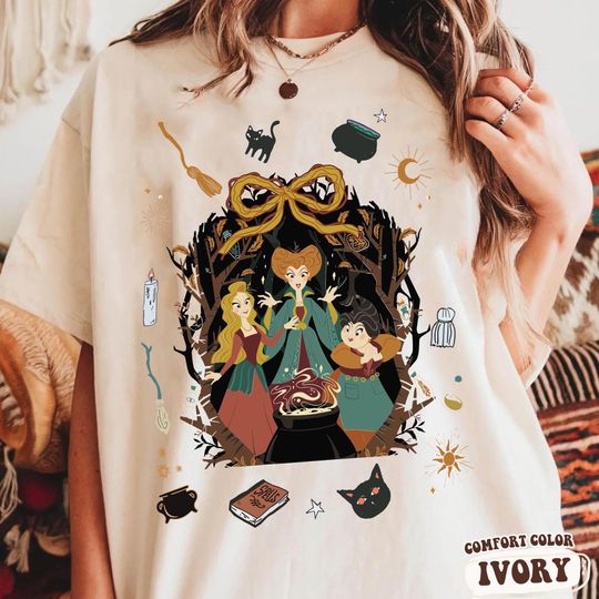 Discover Vintage Hocus Pocus Sanderson Sisters Coquette Wood Bow Shirt, Witchy Disney Graphic Tee, Spooky Disney Outfit, Disneyland Halloween Trip