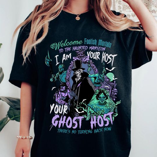 Discover Retro Haunted Mansion Disney Ghosts T-shirt, The Bride Hatbox Ghost I Am Your Host Ghost Tee, Welcome Foolish Mortals, Halloween Family Trip