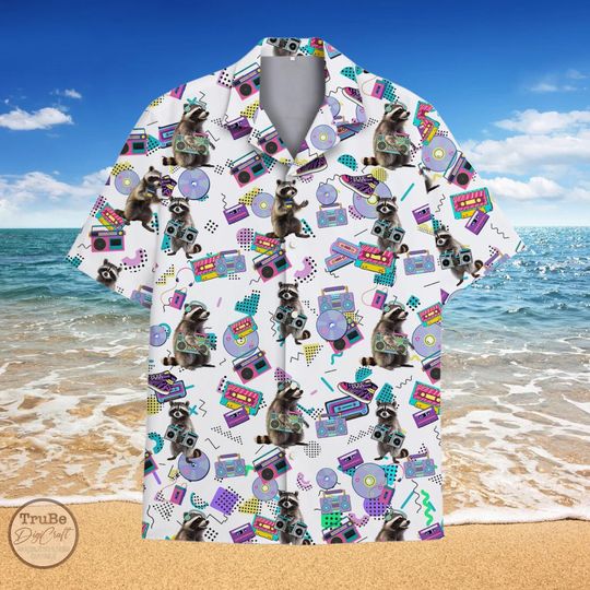 Discover Retro Raccoon Hawaiian Shirt, Music Lovers Aloha Button-Down