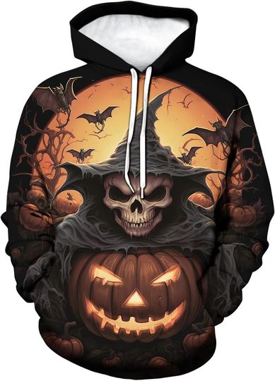 Discover Vintage 3D Halloween Skull Pumpkin Hoodie Men's Skeleton Castle Graphic Hooded Sweatshirts Pullover, Small, Black