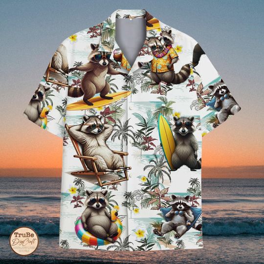 Discover Raccoon Surfing Hawaiian Shirt, Funny Summer Beach Button-Down