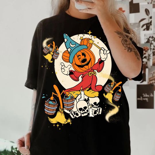 Discover Sorcerer Mickey Pumpkin Magic Broom Silly Symphony Skeleton Shirt