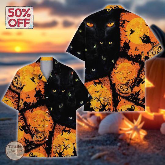 Discover Scary Black Cat Halloween Aloha Shirt