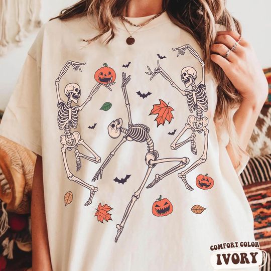 Discover Retro Dancing Skeleton Fall Vibes T-shirt, Halloween Pumpkin Leaf Bat Tee