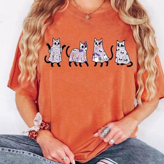 Discover Cute Halloween Cat Boo Ghost T-shirt, Funny Aesthetic Black Cats Tee, Spooky Season