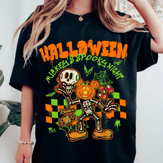 Discover Retro Halloween Mickey Mouse Skeleton Pumpkin T-shirt, Disney Mickeys Spooky Night Tee