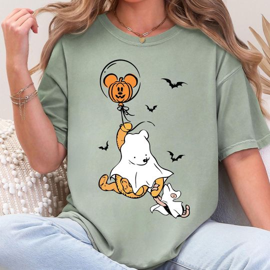 Discover Pooh and Piglet Ghost Costume Halloween T-shirt, Mickey Pumpkin Balloon Disney Tee