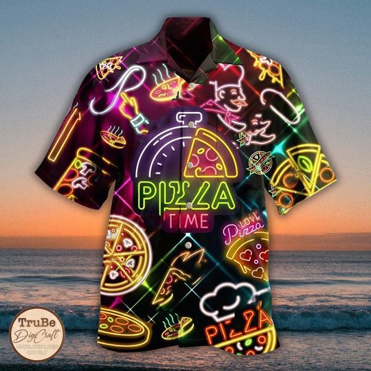 Discover Neon Pizza Time Hawaiian Shirt: Foodie Aloha Party Outfit