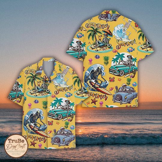 Skeleton Surfing Aloha Shirt, Summer Beach Vacation Outfit