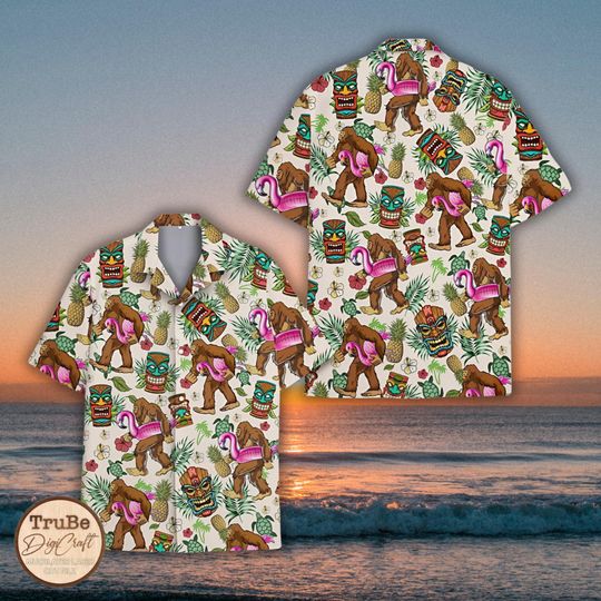 Discover Tropical Bigfoot Hawaiian Shirt: Tiki Flamingo Aloha Shirt