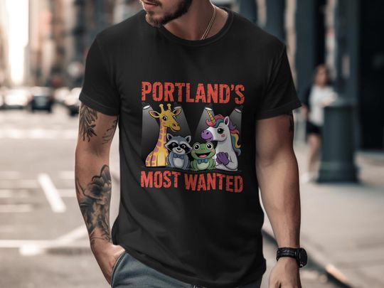 Discover Portland's Most Wanted T-Shirt, Cute Animal Shirt, Giraffe Raccoon Frog Unicorn Tee, Portland Gift, Cartoon Character TShirt