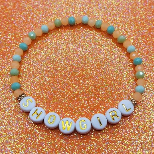 Discover Showgirl, Stretchy Friendship Bracelet, White + Letter Beads, Orange + Mint New T.S Album, Life Of A Showgirl, Color Variation Options