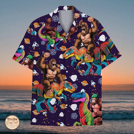 Discover Bigfoot Riding Dinosaur Hawaiian Shirt: Funny Sasquatch Galaxy UFO