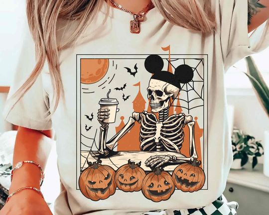 Discover Vintage Mickey Skeleton Coffee Comfort Colors Shirt, Disney Pumpkin Halloween Matching Tee, Disney Skeleton Shirt, Disneyland Spooky Season