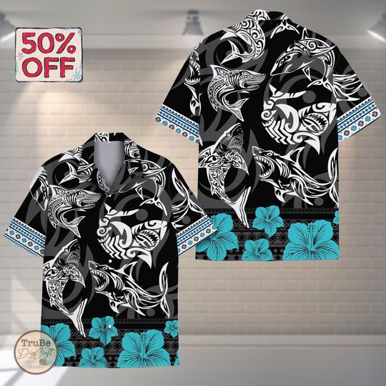 Discover Tribal Shark Hawaiian Shirt, Funny Aloha Beach Button Down