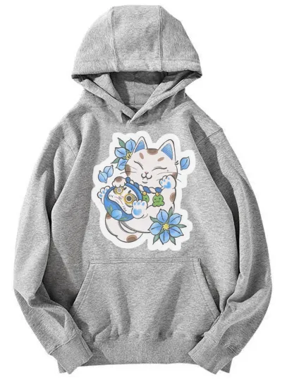 Discover Unisex Lucky Cat with Daruma Doll & Flowers Graphic Hoodie