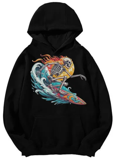 Skeleton Surfing Fiery Wave Graphic Hoodie