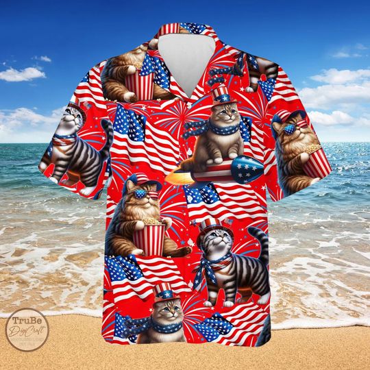 Discover Cat US Flag Hawaiian Shirt: 4th of July Aloha Shirt