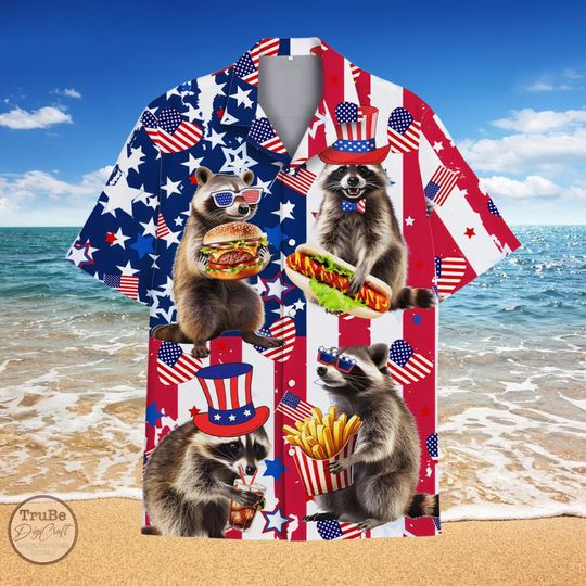 Discover Raccoon Aloha Shirt: 4th of July Fast Food Hawaiian Shirt