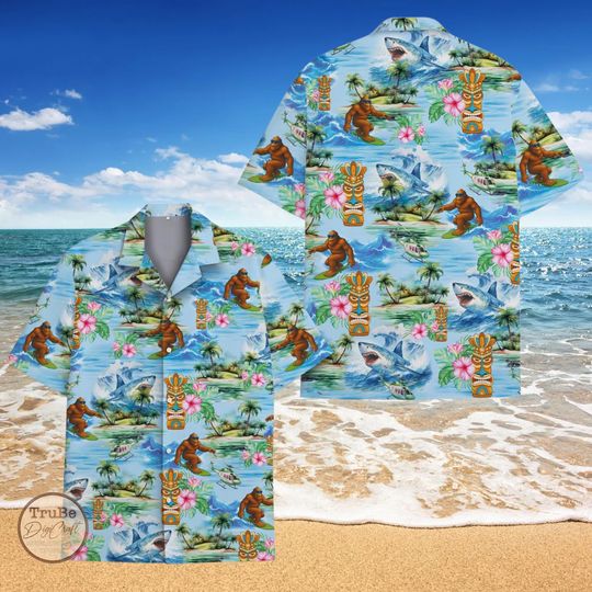 Discover Bigfoot Surfing Aloha Shirt: Sasquatch Tiki Hawaiian Vacation