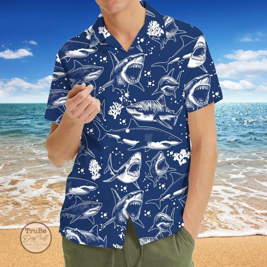 Discover Navy Shark Hawaiian Shirt: Summer Aloha Outfit