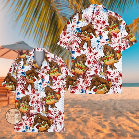 Discover Tropical Bigfoot Hotdog Hawaiian Shirt: Floral Sasquatch Aloha Shirt