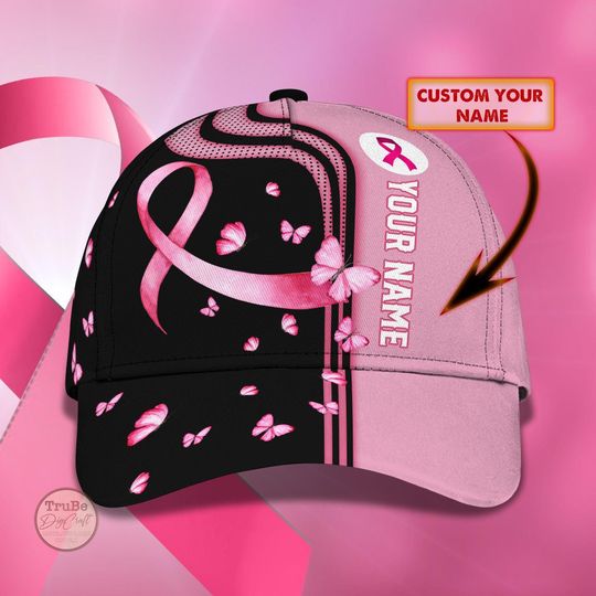 Personalized Pink Ribbon Baseball Cap, Breast Cancer Awareness Butterfly Hat