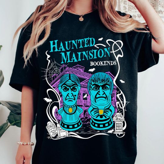 Discover Vintage Disney Haunted Mansion Busts T-shirt, Uncle Lucius Aunt Lucretia Library Bookends Tee, Disneyland Halloween Family Trip Matching