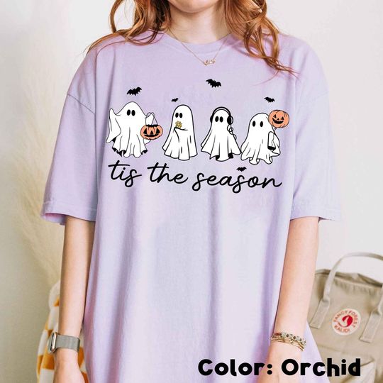 Discover Retro Funny Ghost Tis The Season T-shirt, Cute Fall Halloween Pumpkin Bat Tee