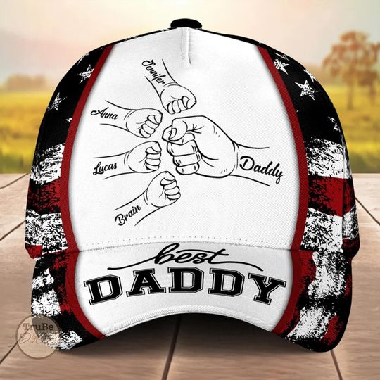 Discover NEW! Best Daddy Ever - Personalized US Flag Baseball Cap, Custom Classic Cap with Kid Names, Fist Bump Hand Cap, Cap from Son Daughter