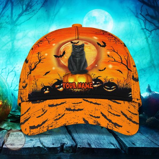 Discover Personalized Black Cat Halloween Baseball Cap: Custom Name, Adjustable Fit