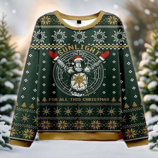 Praise The Sun Gamer Ugly Christmas Sweater, Knight Holiday Sweatshirt, Fantasy RPG Xmas Gift for Fans