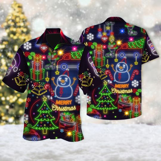 Discover Christmas Bright Neon Lighting Hawaiian Shirt, Neon Lighting Button Up Shirt