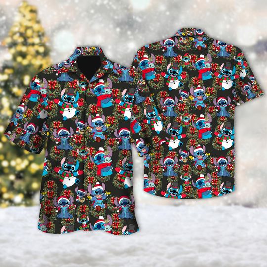Discover Stitch Santa Hat Christmas Hawaii Shirt, Lilo And Stitch Button Up Shirt
