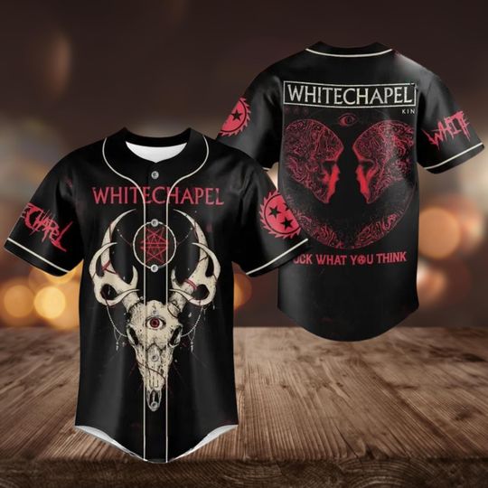 Discover Black Baseball Jersey with Gothic Skull and Red Graphic Rock Band Inspired Shirt