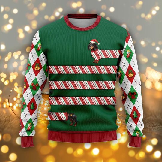 Discover Funny Dachshund Candy Cane Ugly Christmas Sweater, Wiener Dog Xmas Gift for Dog Mom, Holiday Party Sweatshirt