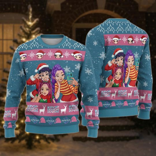 Discover KP0p Hunters Ugly Christmas Sweater, Anime Girl Xmas Sweater, Cute Kawaii Xmas Gift for Men Women, Kpop Fan Holiday Knit Sweater