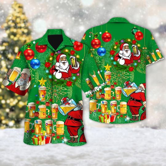 Discover Christmas Santa Drinking Beer Hawaiian Shirt, Santa Claus Button Up Shirt