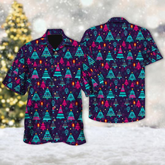 Discover Neon Christmas Tree Hawaii Shirt, Christmas Tree Button Up Shirt
