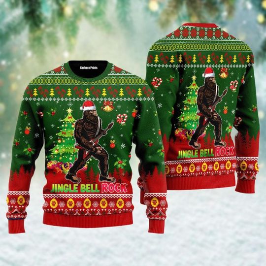 Discover Bigfoot Playing Guitar Ugly Christmas Sweater, Sasquatch Santa Xmas Sweater, Jingle Bell Rock Shirt, Christmas Tree Shirt