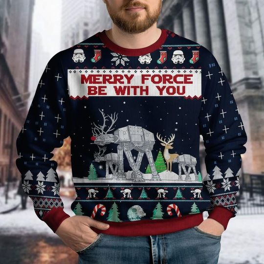 Discover Star Wars Ugly Christmas Sweater, Merry Force Be With You AT-AT Reindeer Shirt, Funny Sci-Fi Holiday Sweater, Family Xmas Holiday Gift