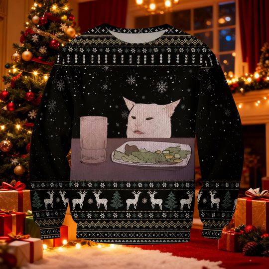 Woman Yelling at a Cat Meme Ugly Christmas Sweater, Funny Smudge Lord Xmas Sweatshirt, Cat Lover Gift, Funny Holiday Party Outfit