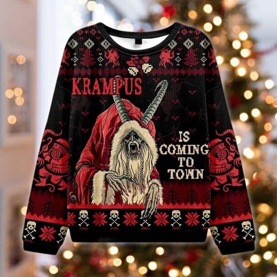 Discover Krampus Is Coming To Town Ugly Christmas Sweater, Horror Xmas Gift, Gothic Holiday Jumper, Folklore Monster Apparel, Scary Xmas