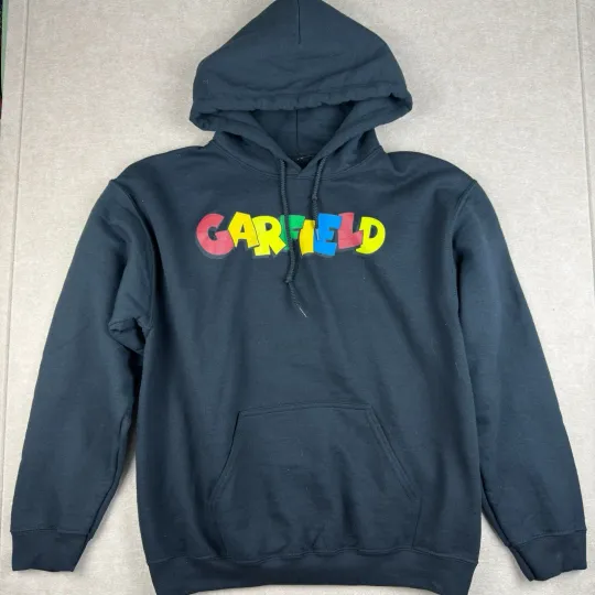 Garfield Sweatshirt Men M Black Hoodie Pullover Skate Cartoon Graphic Jim Davis