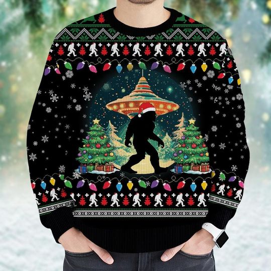 Discover Christmas Bigfoot Ugly Sweater, Monster Merry Xmas Sweater, Christmas Night Sweater Shirt, Christmas Lights Ugly Sweatshirt, Sasquatch