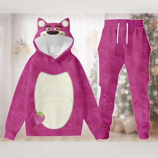 Lotso Bear Hoodie, Pink Bear Costume Cosplay 3D Jogger, Toy Story Halloween Costume For Family Group Shirt, Villain Halloween