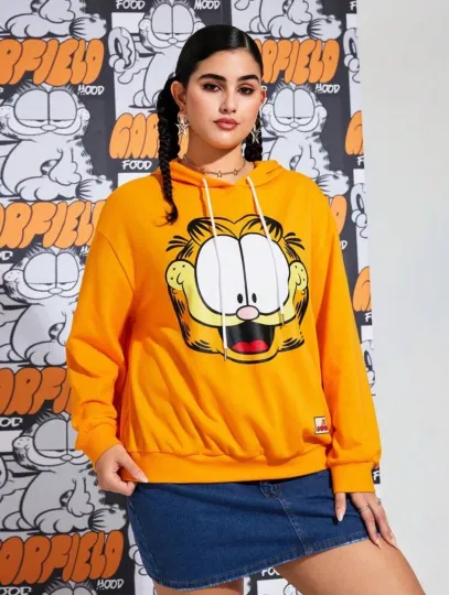 New GARFIELD Logo DRAWSTRING Hoodie ORANGE Sweatshirt Shirt