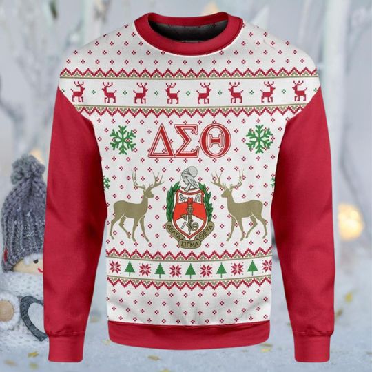 Delta Sigma Theta Christmas Ugly Sweater, DST Greek Letters Crest with Reindeer